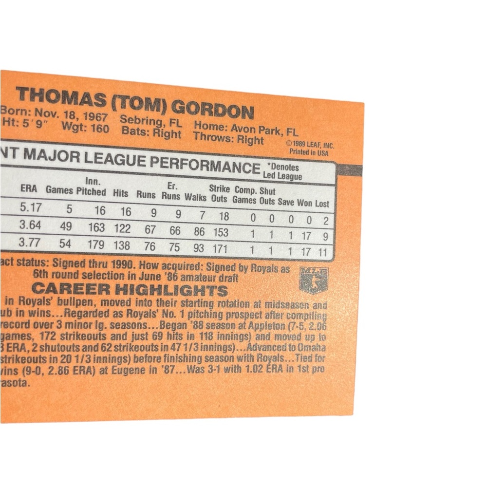 1989 tom gordon kansas city royals donruss baseball card # 297 - Picture 4 of 5